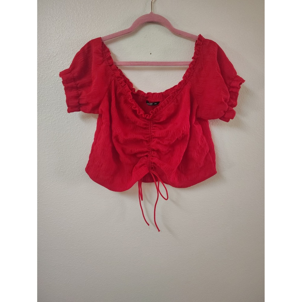 Shein Curve Red Ruched Drawstring Crop Top‎ Off Shoulder Ruffle Puff Sleeve 2XL